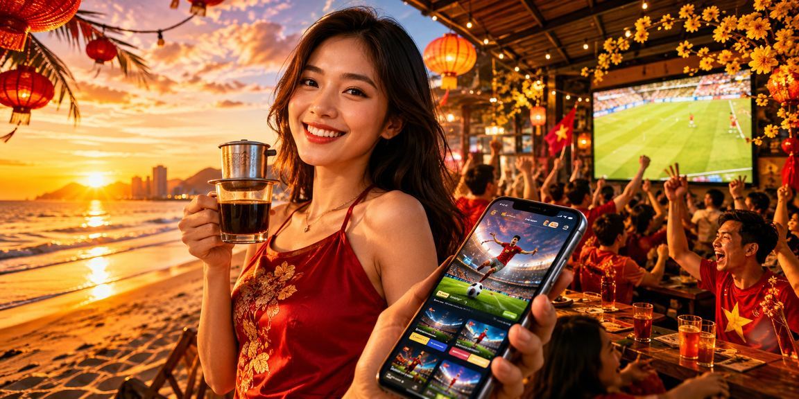 Người dùng tại Đà Nẵng uống cà phê và kiểm tra khuyến mãi casino trên điện thoại